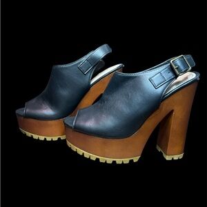 BAMBOO Wood Heels Black Faux Leather Lug Sole Chunky Platform Clogs Women's 8